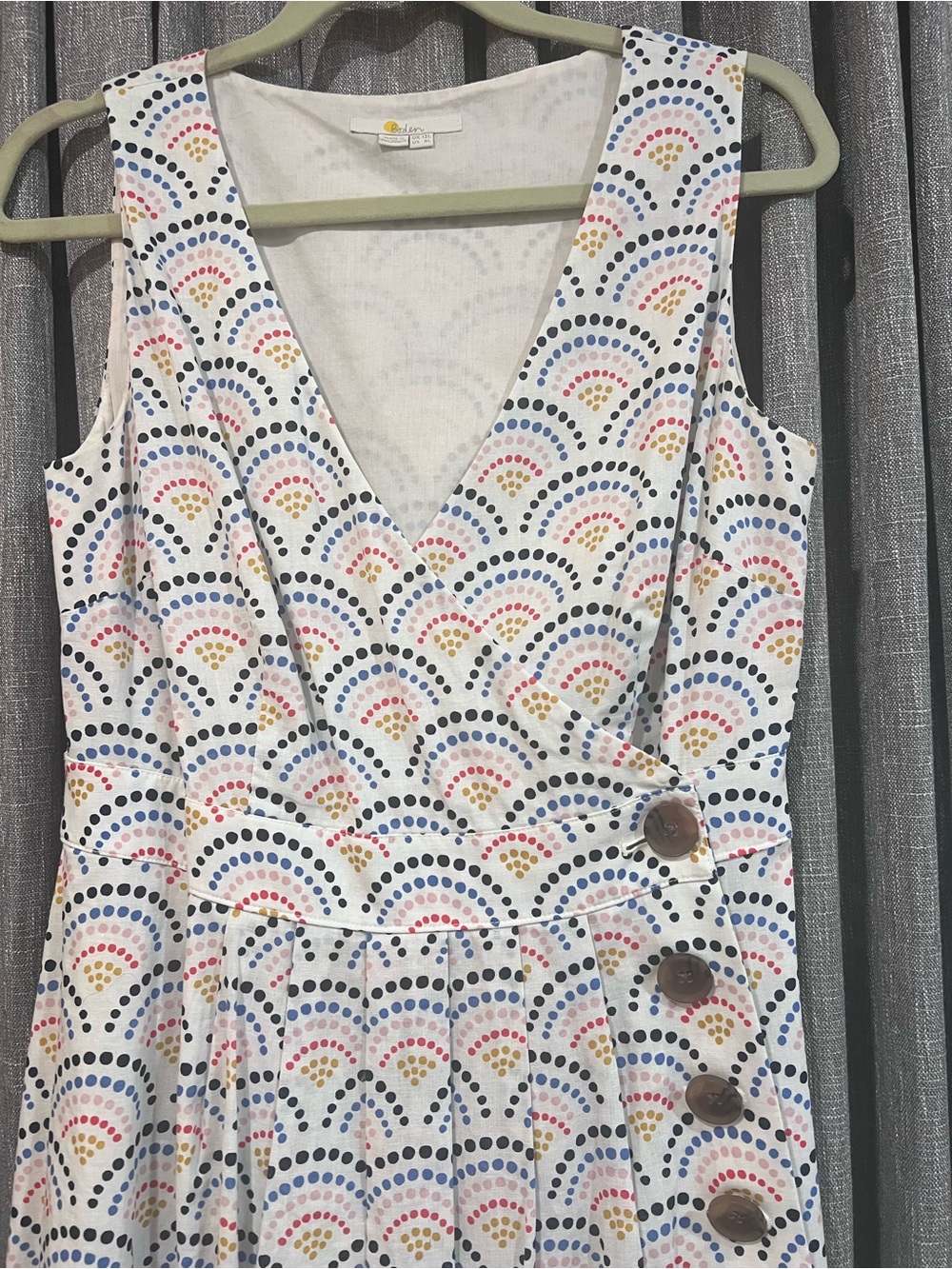 Boden Arwen Midi Dress Size 8L Cotton Linen Blend Rainbow Dot Print Wrap Style - Picture 4 of 6